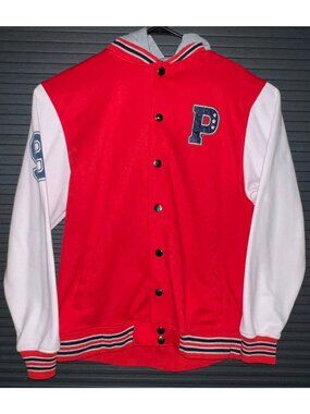 Phat Farm Varsity Jacket Red White Snap-Button Hooded XL Polyester